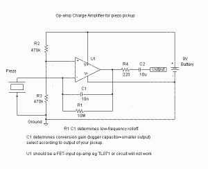 A basic schematic for a preamp to work in conjunction with a piezo pickup. 