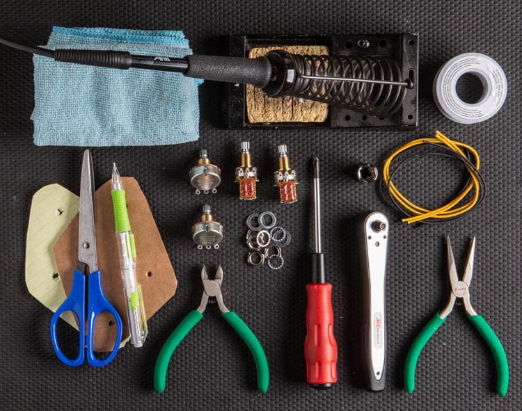 overview of work bench with needed tools and parts